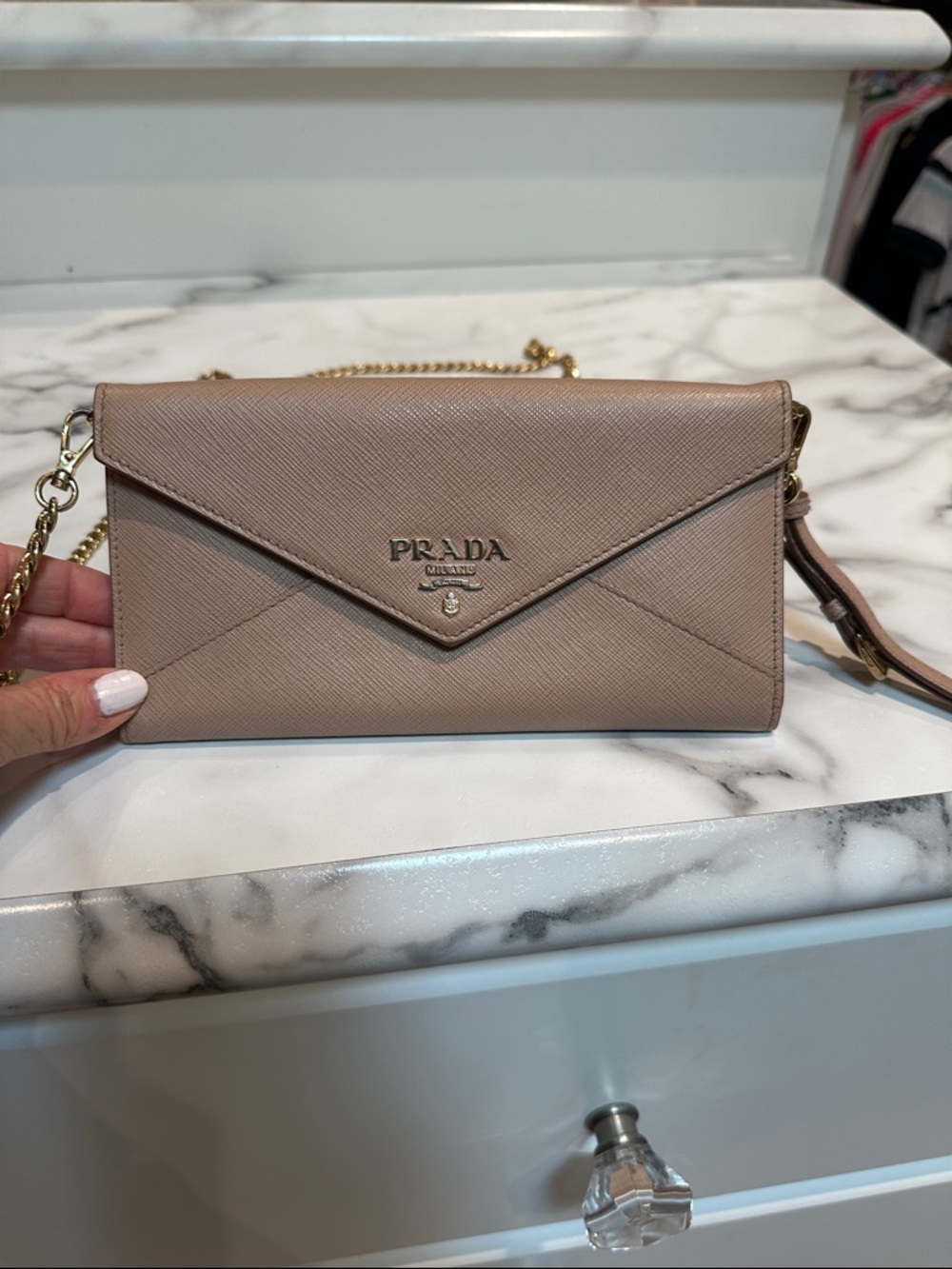 Prada Taupe Saffiano Leather on Crossbody Wallet with Gold Chain